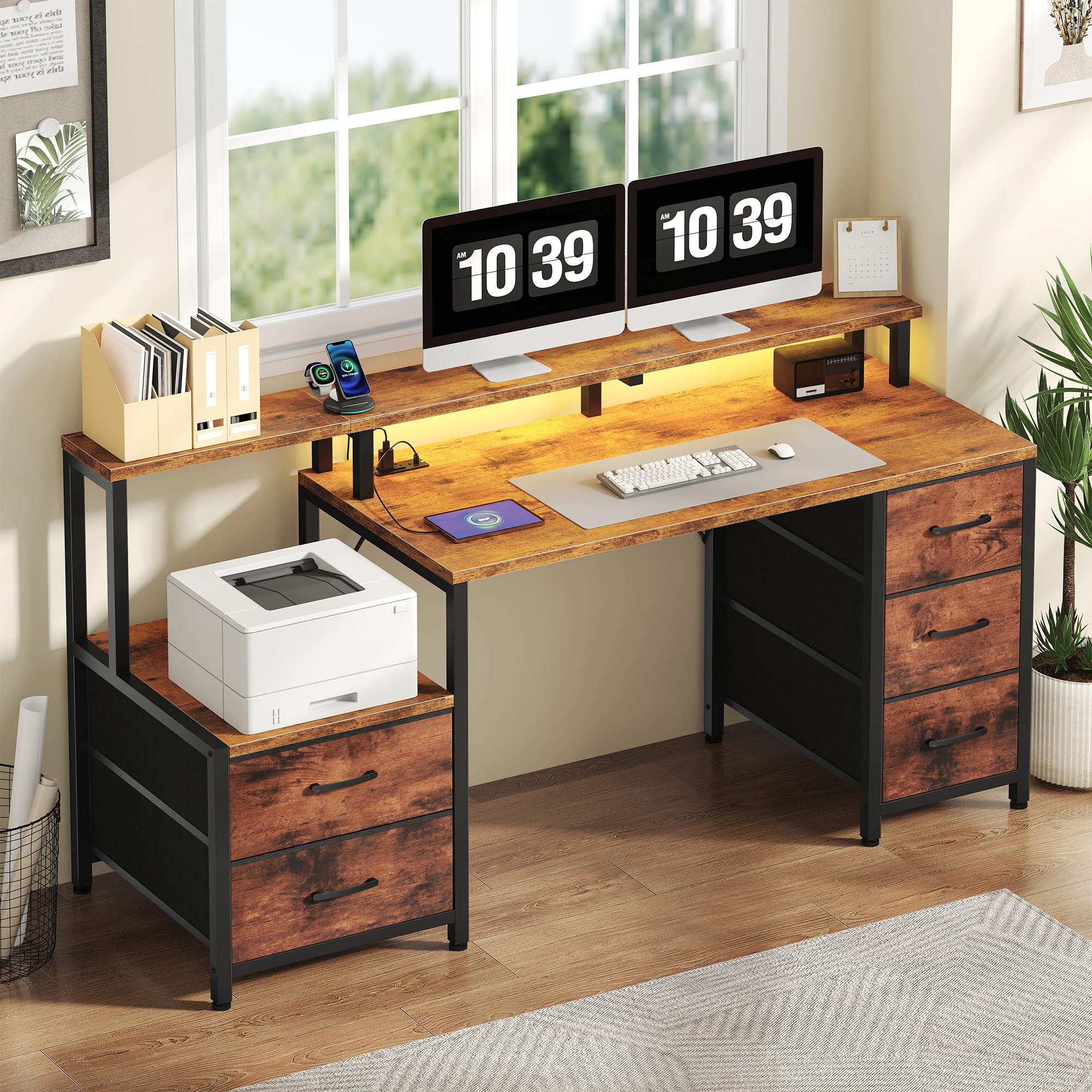 JHK 67In Gaming Computer Desk with 5 Storage Drawers Wood Office Computer Desks with LED Lights Power Outlets for Office Bedroom