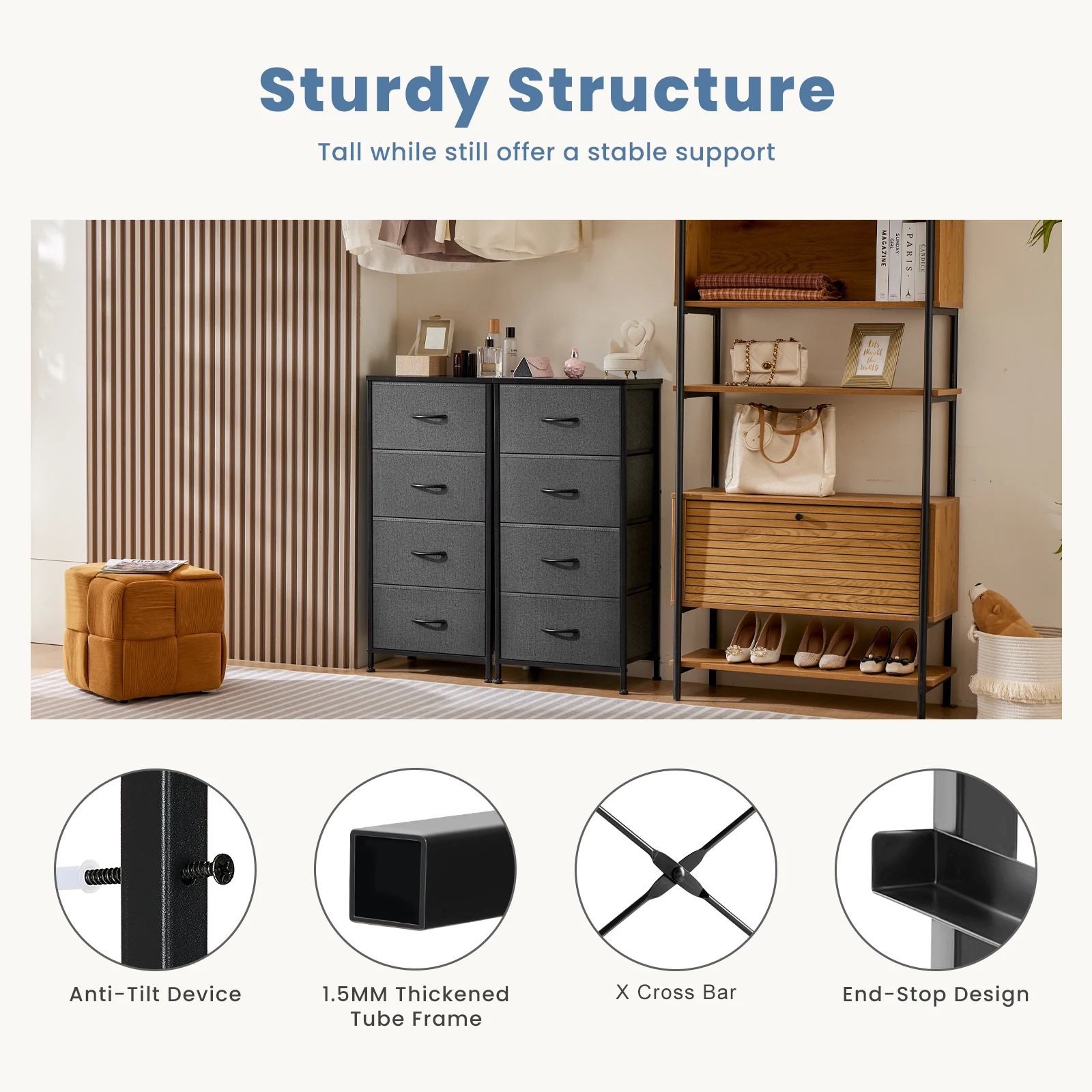 JHK Dresser For Bedroom With 4 Fabric Drawers Nightstand Wardrobe Steel Frame Closet For Clothes Storage Cabinet Of Furniture - Image 4